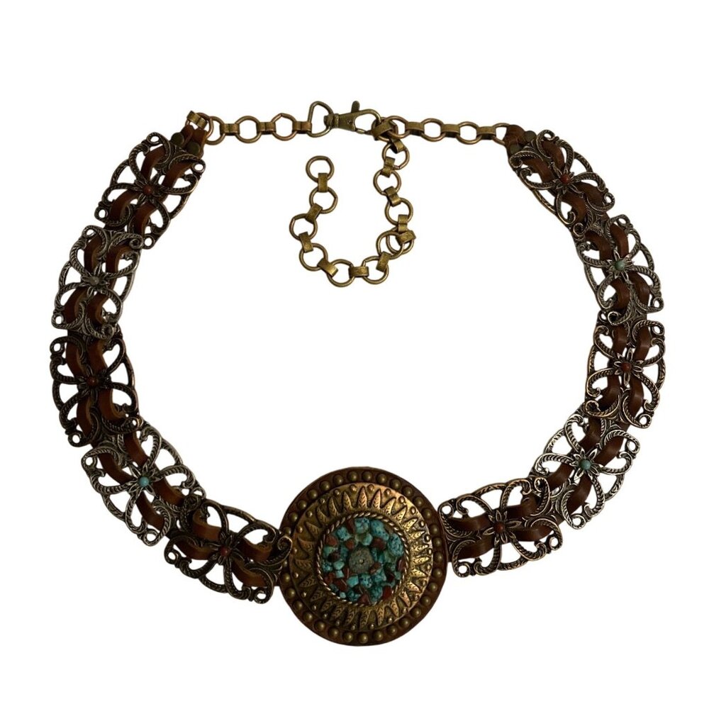 LeatherRock Leather Bronze & Turquoise Belt - Bohemian Luxe Western Adjusts M/L